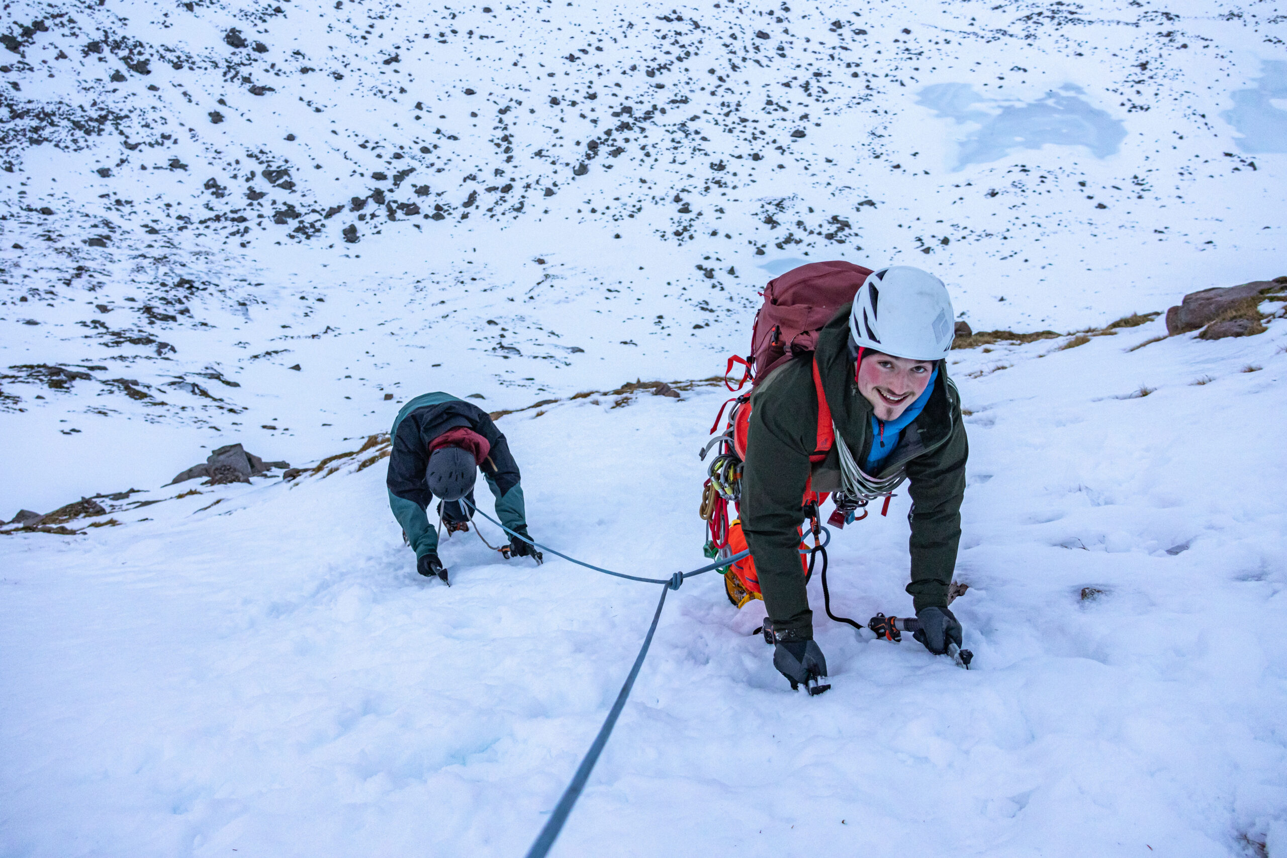 guided winter climbing descent at the end of the day